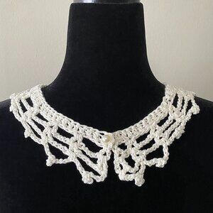 Handmade Crochet White Cotton Faux Pearl Small Collar Neckwear Accessory